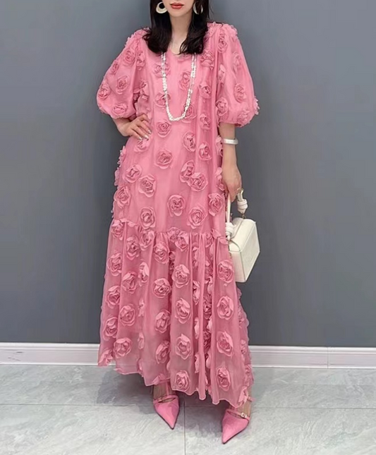 French Rose Floral V-Neck Bubble Short Sleeve Long Dress