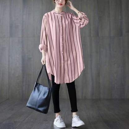 Casual Standing Collar Long Sleeve Shirt Long Top