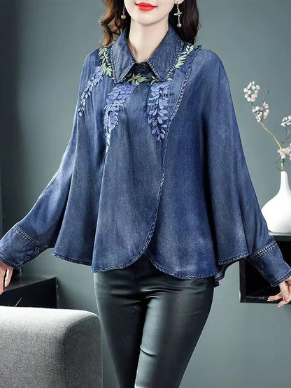 Elegant Lapel Asymmetric Embroidered Bat Sleeve Denim Top