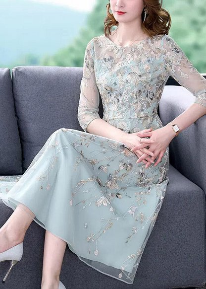 Elegant Round Neck Embroidered Floral Drawstring Organza Long Half Sleeve Dresses