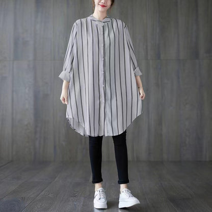 Casual Standing Collar Long Sleeve Shirt Long Top