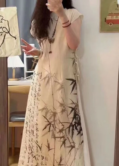 Women's Chinese Style Bamboo Ink Painting Text Tie Dress Spring