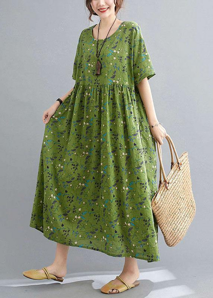 Simple O Neck Printed Loose Long Dress Half Sleeve