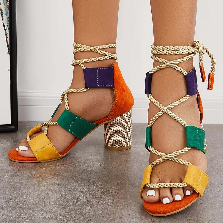 Hollow Colorful Chunky Heel Lace-Up Sandals