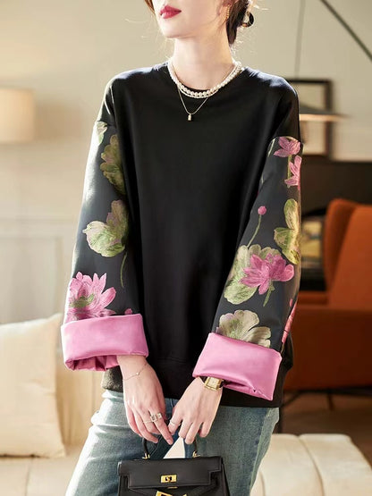 Loose Round Neck Patchwork Floral Sweatshirt