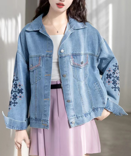 Casual Embroidered Geometric Color Clash Denim Jacket