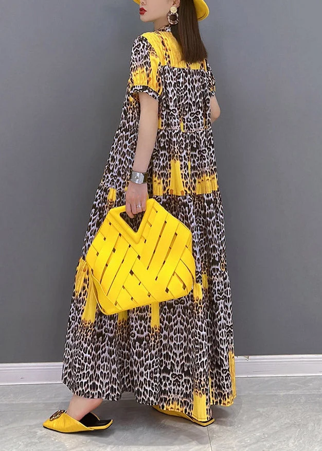 French Yellow Printed Short Sleeve Long Dress