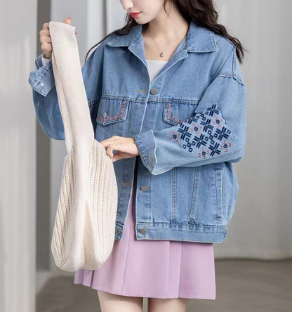 Casual Embroidered Geometric Color Clash Denim Jacket