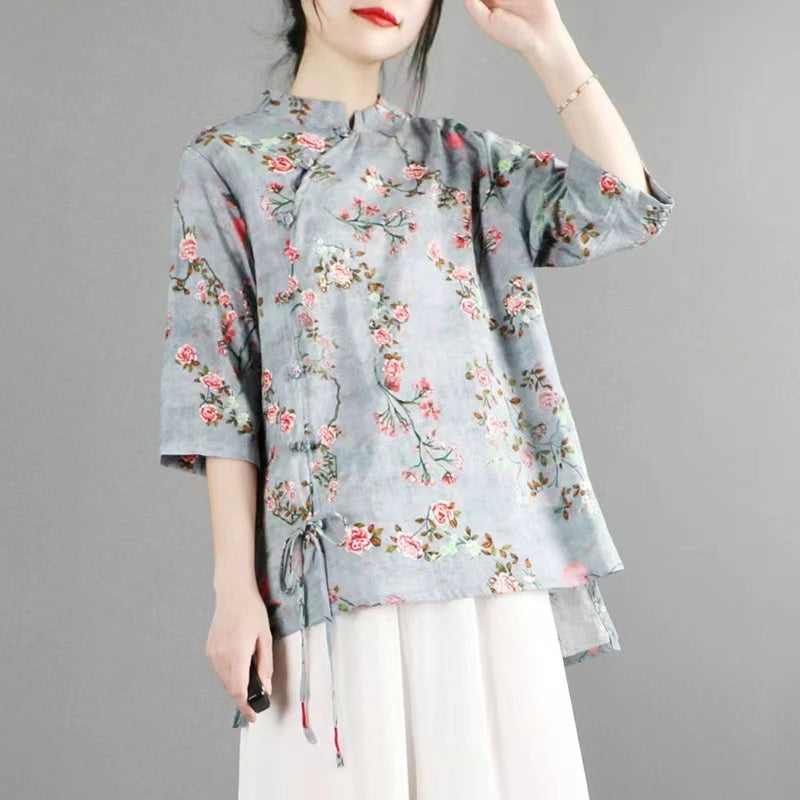 Chinese Standing Collar Printed Tie Linen Short Sleeve Shirt Top