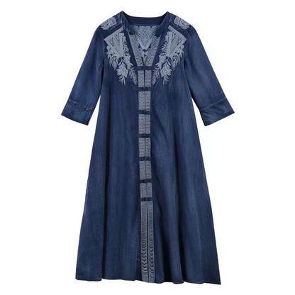 V-Neck Button Embroidered Short Sleeve Denim Dress