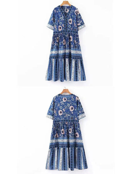 Bohemian Beach V-Neck Printed Short Sleeve Dress