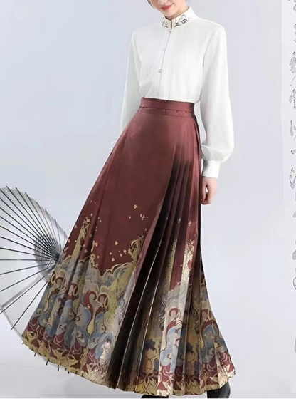 Elegant Vintage Pleated Dragon Print Tie Skirt