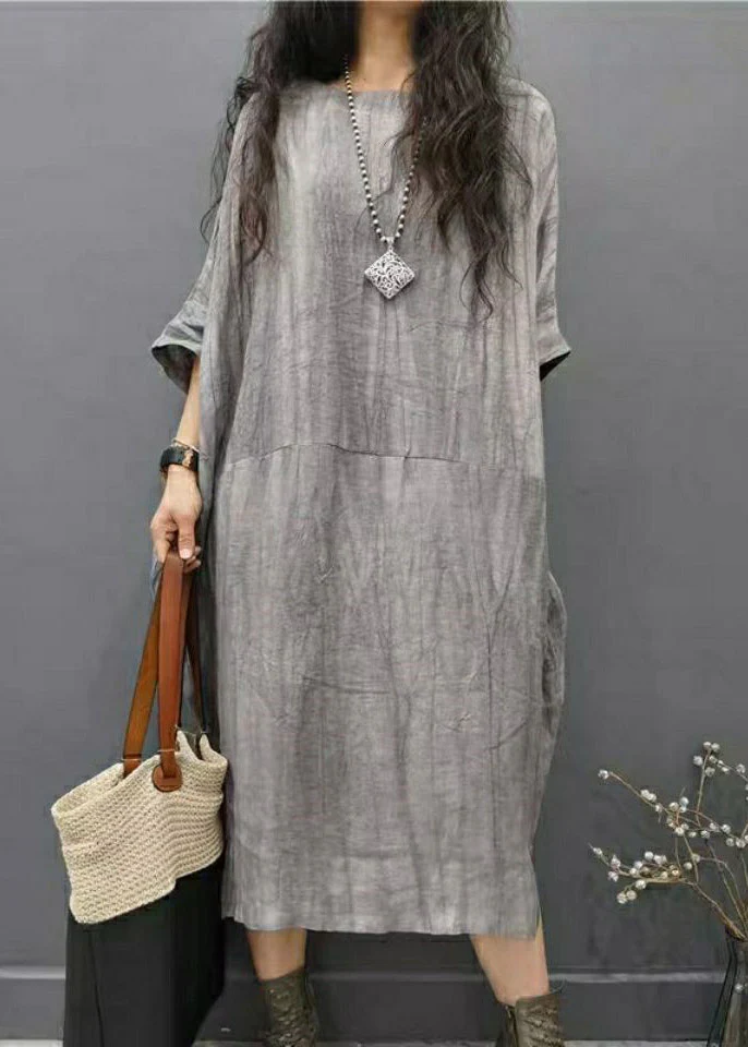 Women's Plus Size Round Neck Ruffled Side Opening Linen Long Dress Bat Sleeve