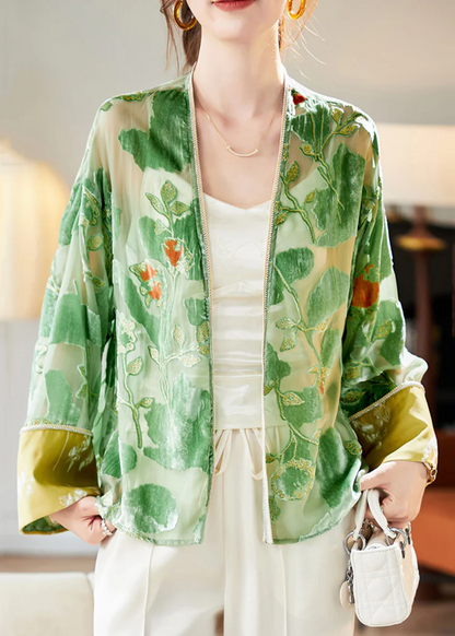 Elegant V-Neck Patchwork Velvet Cardigan Long Sleeve Jacket