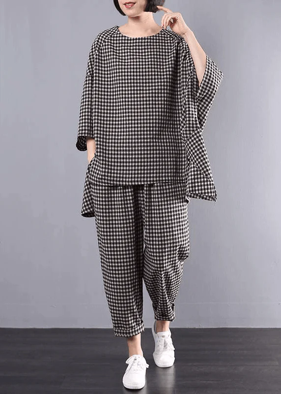 Plus Size Cotton and Linen Plaid Vintage Shirt and Pants Two Piece Set