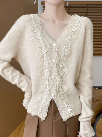 Women's V-Neck Lace Knit Cardigan Spring