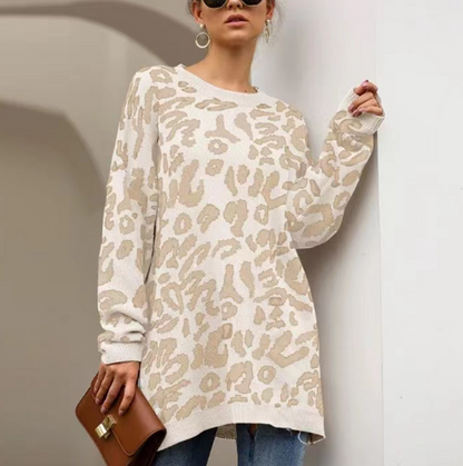 Crew neck leopard print long sleeve jumper