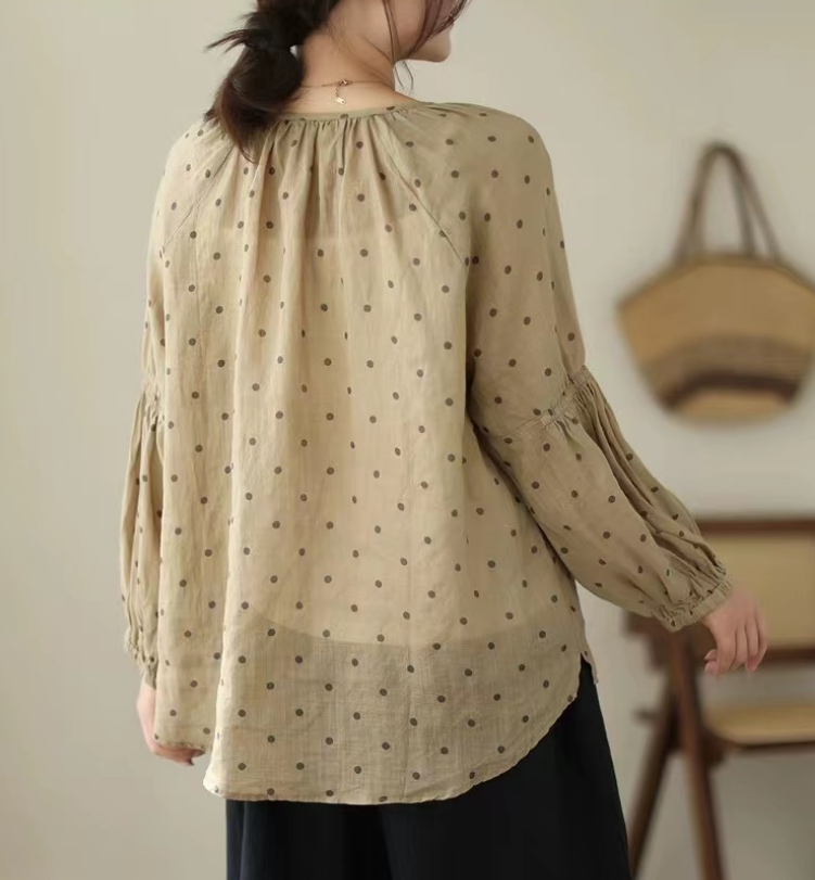 Elegant Printed Polka Dot V-Neck Linen Long Sleeve Shirt Top