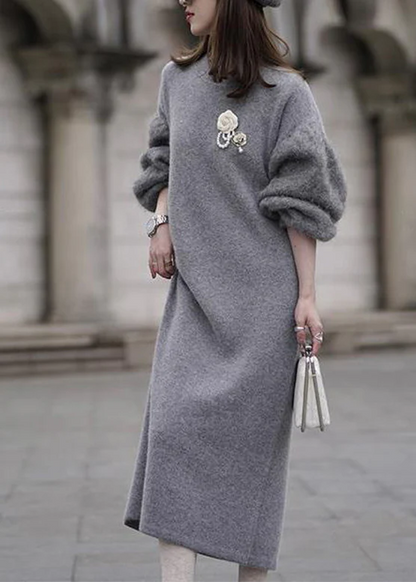 Women's Elegant O Neck Wool Dress Lantern Sleeve Sweater