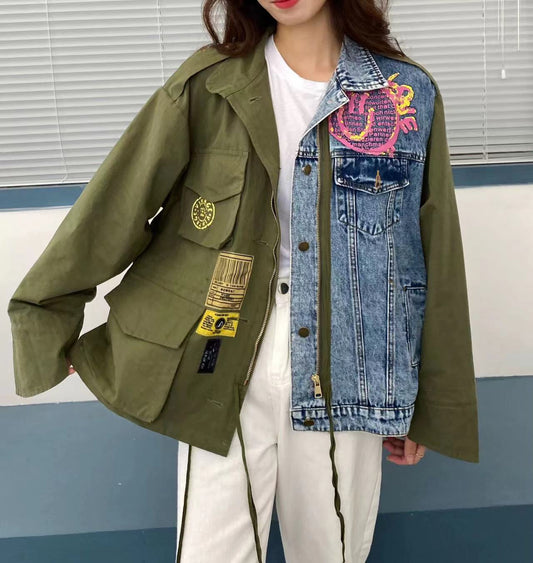 Fashion Patchwork Color Clash Embroidery Geometric Denim Jacket