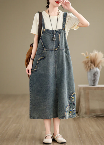 Women's Denim Embroidered Floral Spaghetti Strap Sleeveless Dresses