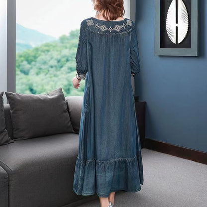 Art Blue O Neck Embroidered Denim Short Sleeve Dress