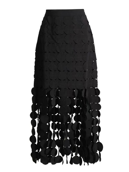 Elegant Round Piece Fringe Hollow Embroidery Fluttering Midi Skirt