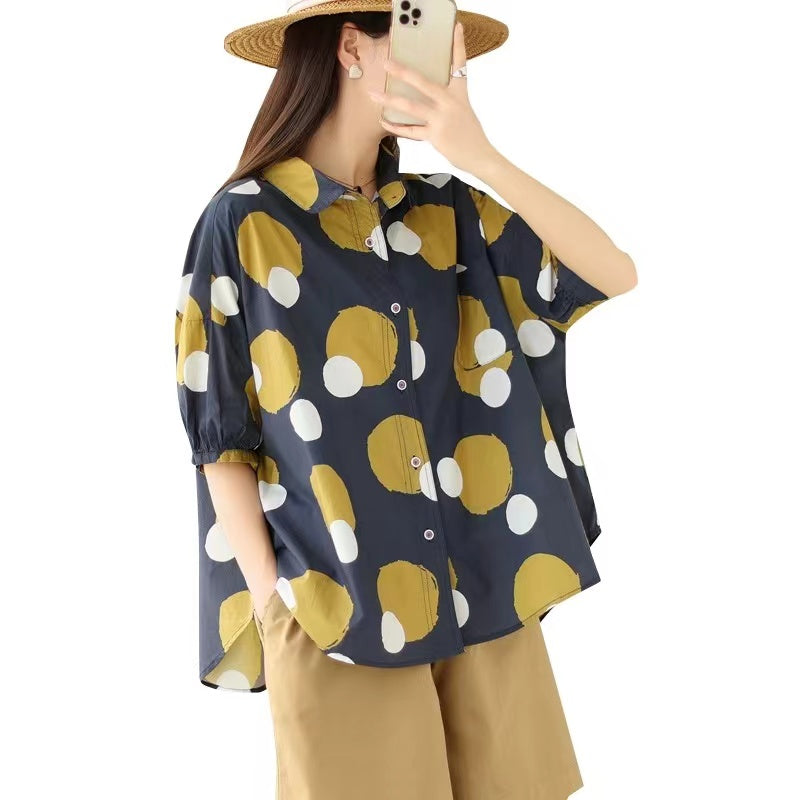 Loose Color-Collision Polka Dot Short Sleeve Lapel Shirt Top