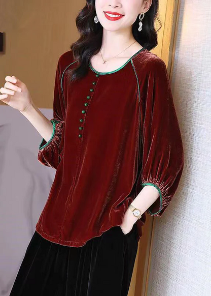 Elegant round neck velvet lantern sleeve blouse