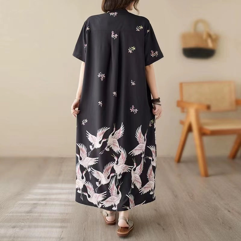 Stand-up Pocket Printed Short Sleeve Long Cardigan Dress