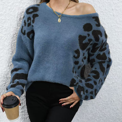 Loose Round Neck Leopard Print Long Sleeve Knitted Sweater