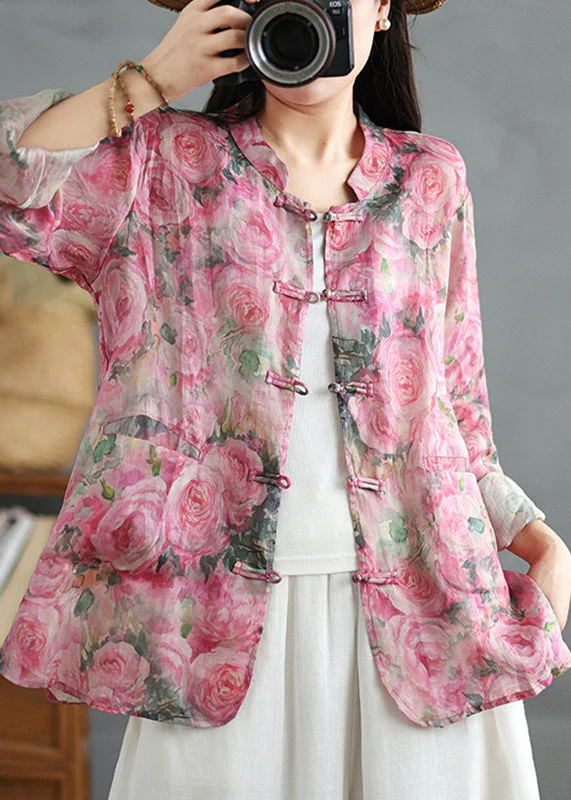 Chinese Style Pink Printed Button Down Linen Shirt