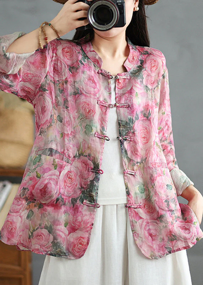 Chinese Style Pink Printed Button Down Linen Shirt