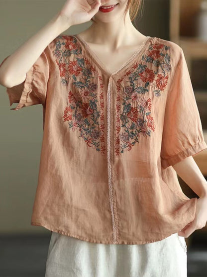 French Vintage Embroidered Cardigan Cotton Short Sleeve Shirt Top