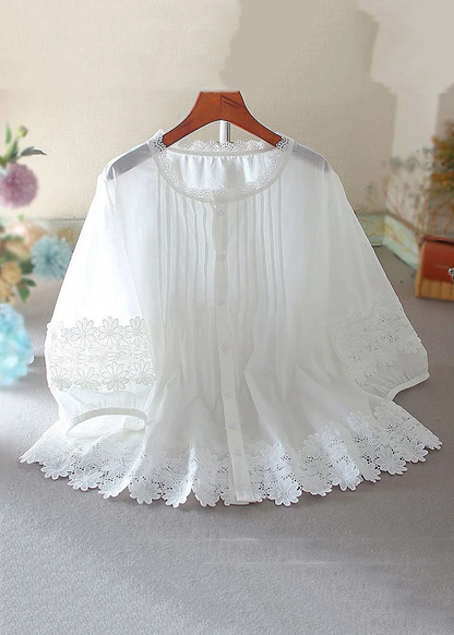 Women's Large Size White Button Hollow Lace Patchwork Shirt Spring