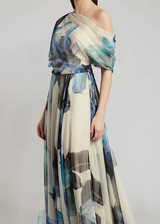 Elegant Asymmetric Printed Chiffon Long Dress