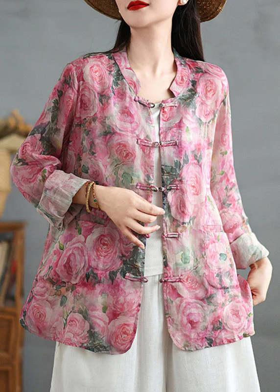 Chinese Style Pink Printed Button Down Linen Shirt