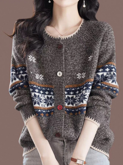 Women's Loose Classic Vintage Crew Neck Knit Cardigan