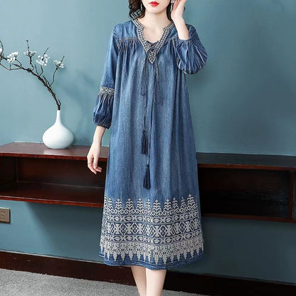 French V-Neck B Tie Patchwork Embroidered Denim Dress