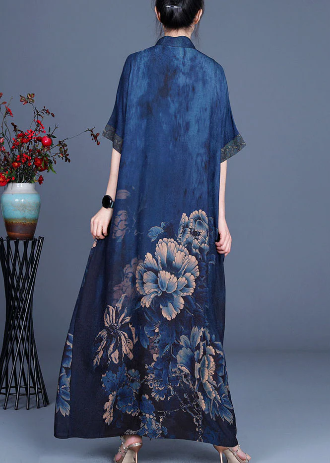 Elegant Printed Silk Half Sleeve Asymmetric Long Dress (Limited Stock)