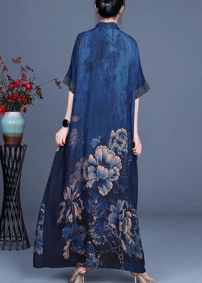 Elegant Printed Silk Half Sleeve Asymmetric Long Dress (Limited Stock)