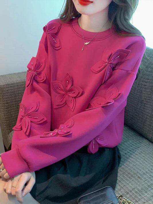 Beaded Floral Round Neck Long Sleeve Sweatshirt