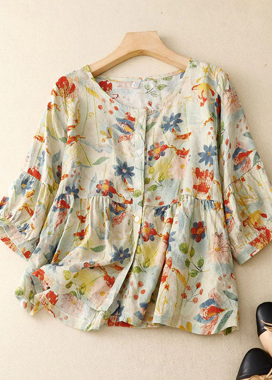 Women's Floral Crinkle Button Patchwork Linen Shirt Top