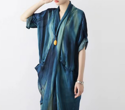 Loose Blue Smooth V-Neck Robe Dress