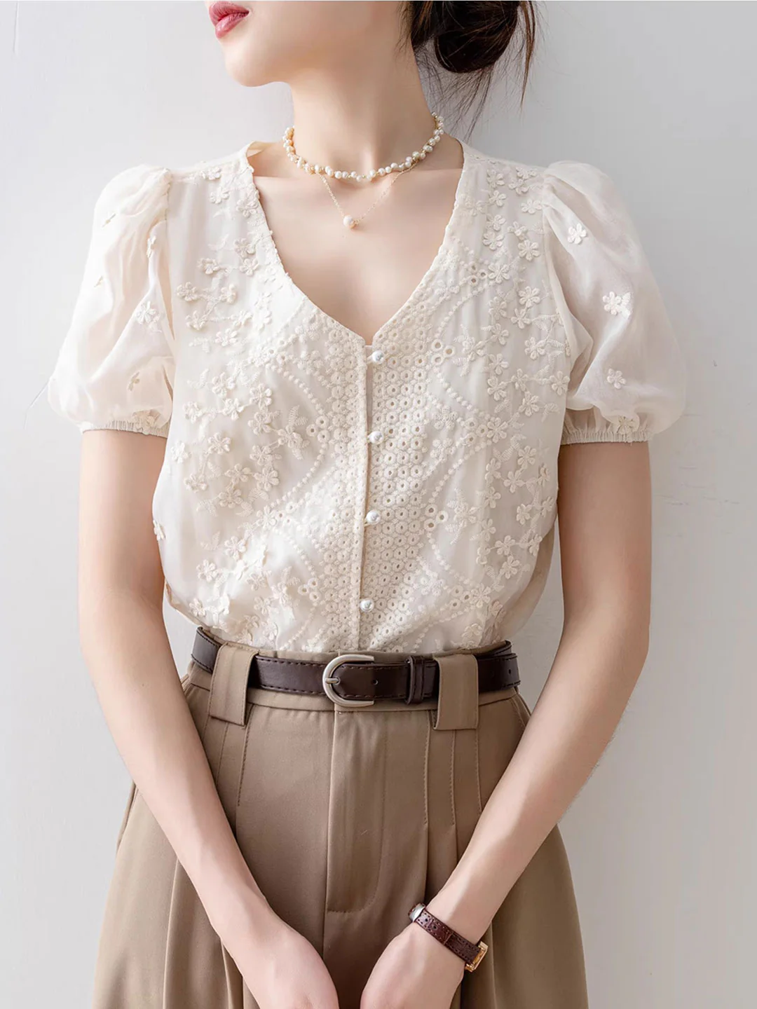 Elegant Collar Bubble Sleeve Lace Chiffon Blouse Top