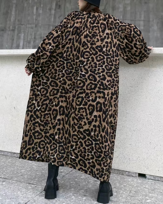 Loose Sexy Neck Leopard Print Light Long Sleeve Dress