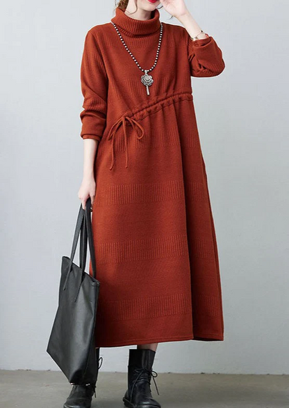 Elegant High Neck Drawstring Knit Loose Dress