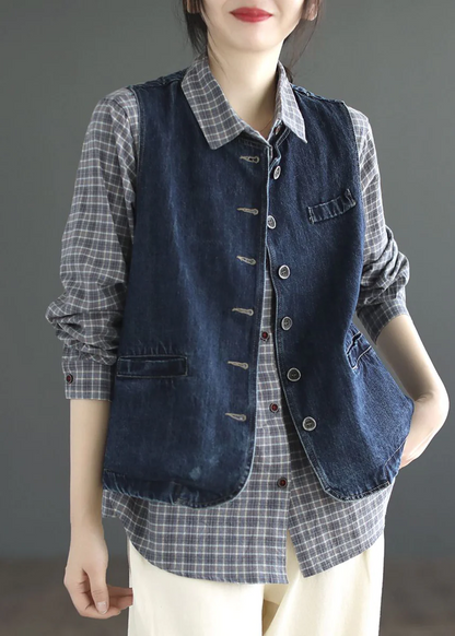 Pocket Short Patchwork Denim Vest Sleeveless