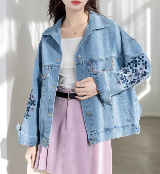 Casual Embroidered Geometric Color Clash Denim Jacket