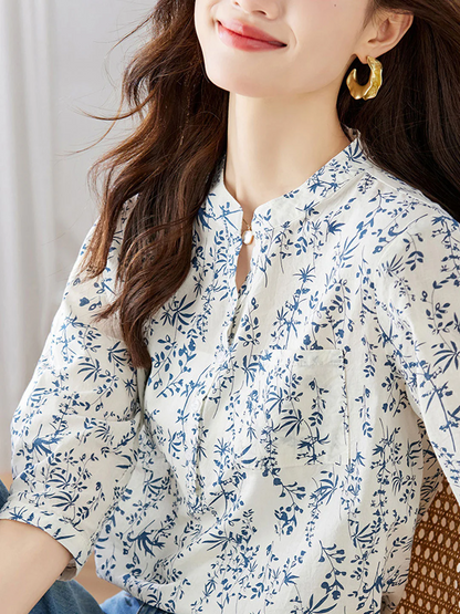 Elegant Round Neck Floral Print Blouse Top